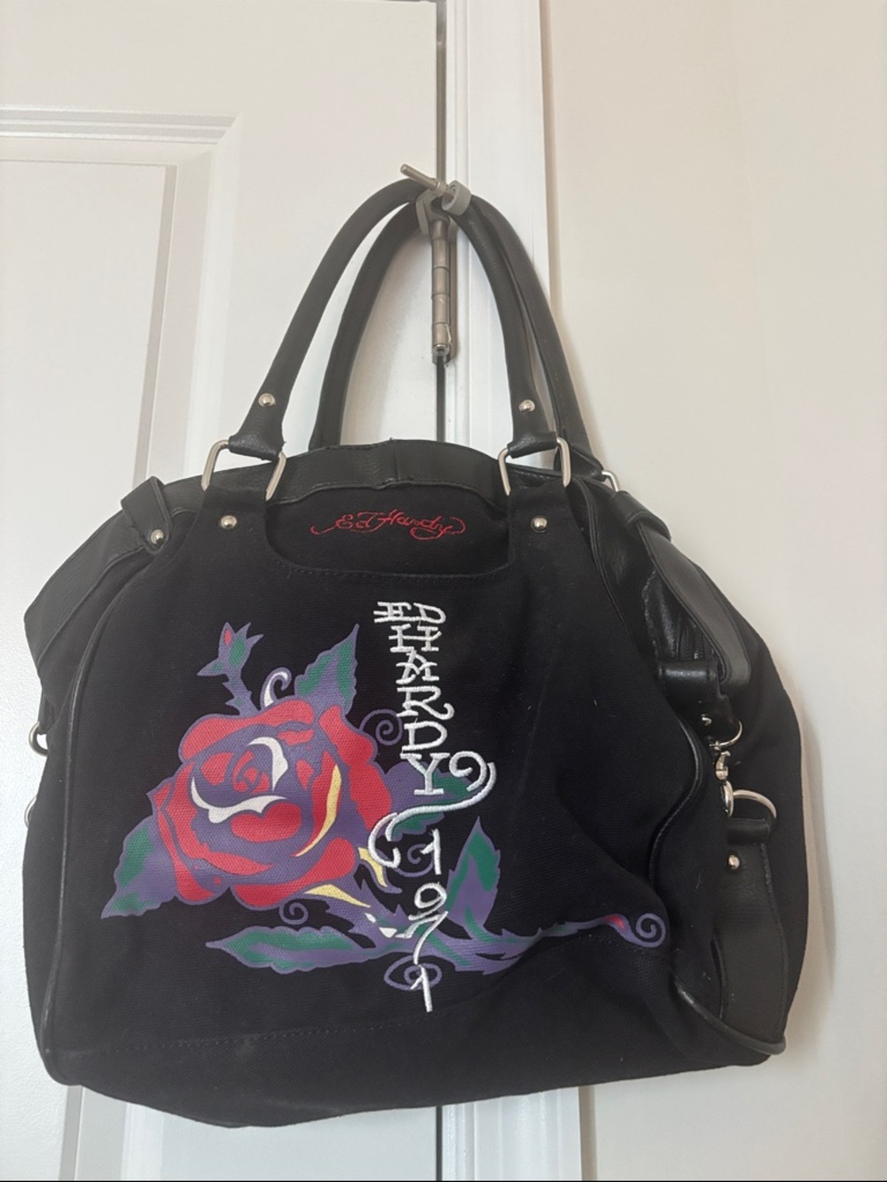 Ed Hardy Y2K Black Satchel with Red Heart Skull Graphic Bag